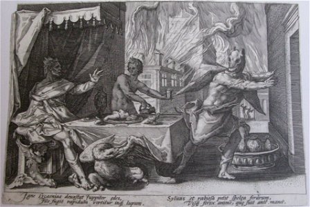 Jupiter turns Lycaon into a wolf, Iconotheca Valvasoriana