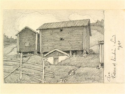 Jämtland, Åre sn., Lund. Källare och härbren. Teckning av Ferdinand Boberg - Nordiska museet - NMA.0088065