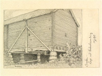 Jämtland, Ovikens sn., Oviken. Loge med tröskverksvandring. Teckning av Ferdinand Boberg - Nordiska museet - NMA.0088057
