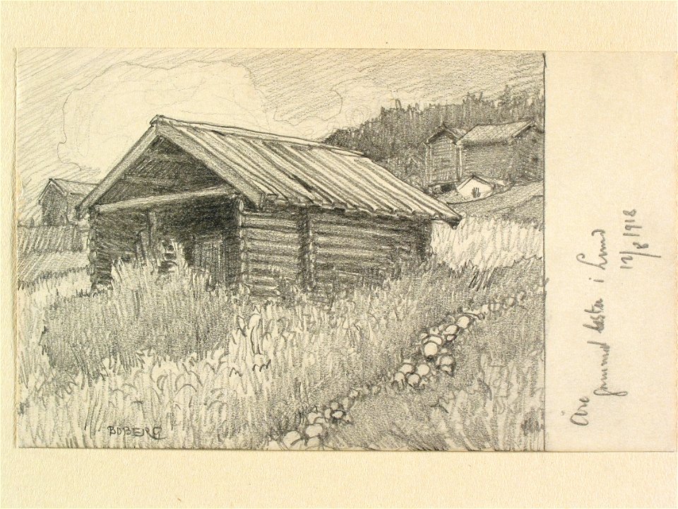 Jämtland, Åre sn. Gammal bastu i Lund . Teckning av Ferdinand Boberg - Nordiska museet - NMA.0088066