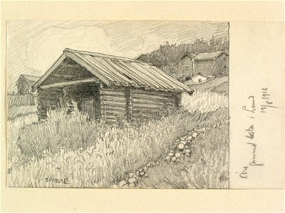 Jämtland, Åre sn. Gammal bastu i Lund . Teckning av Ferdinand Boberg - Nordiska museet - NMA.0088066