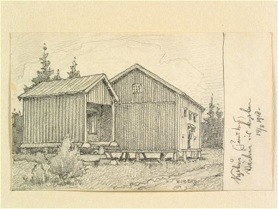 Jämtland, Kyrkås sn., Kyrkås. Härbre vid kyrkbyn . Teckning av Ferdinand Boberg - Nordiska museet - NMA.0088053