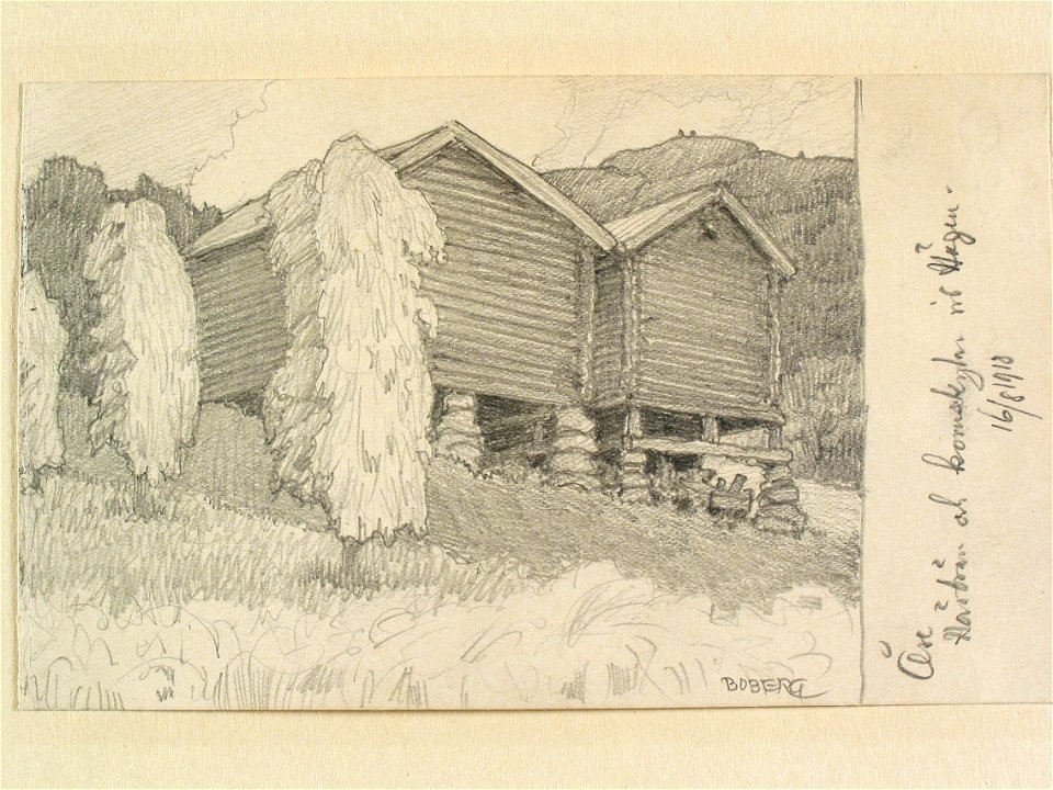 Jämtland, Åre sn., Högen. Härbren och kornskylar. Teckning av Ferdinand Boberg - Nordiska museet - NMA.0088067