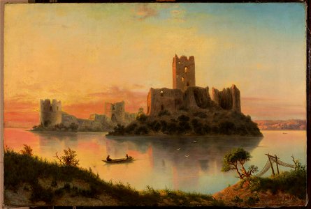 Józef Marszewski - Ruins of the Trakai Island Castle at sunset - MP 2685 - National Museum in Warsaw. Free illustration for personal and commercial use.