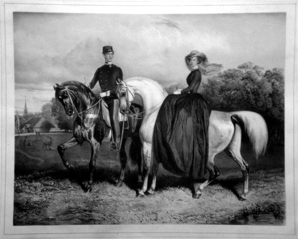 Kaiser Franz Joseph I. und Elisabeth zu Pferde Litho