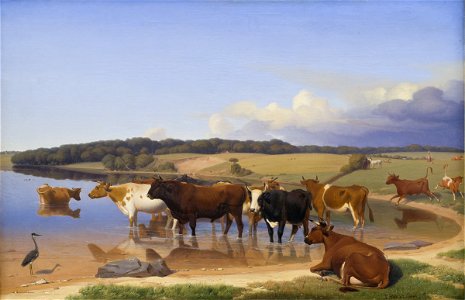 Jørgen V. Sonne - En flok kvæg har søgt kølighed i en sø på en hed sommerdag - KMS509 - Statens Museum for Kunst