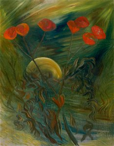 K.A. Schmidt - Rode bloemen (papavers^) bij maanlicht - AB18244 - Cultural Heritage Agency of the Netherlands Art Collection