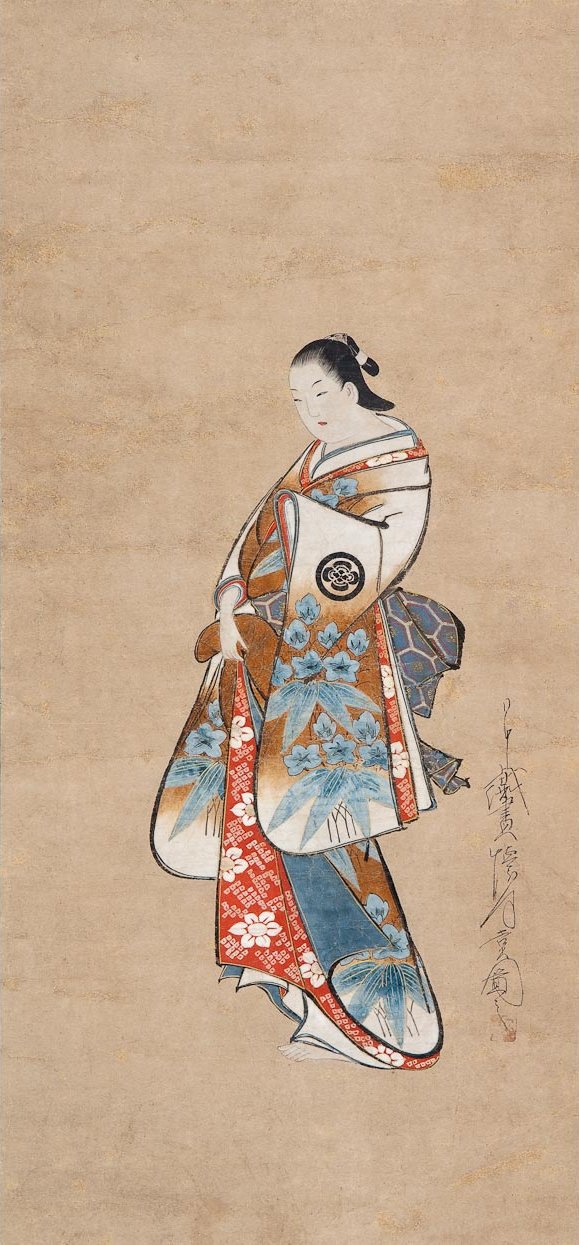 Kaigetsudo Ando - Standing Portrait of a Courtesan, c. 1705-1710, Hanging scroll; ink, color and gold on paper