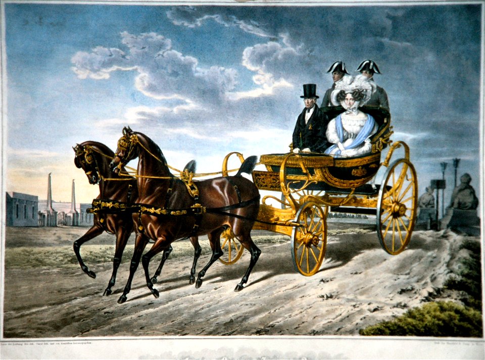 Kaiser Franz I. und Kaiserin Karoline Auguste im Kutschwagen Litho