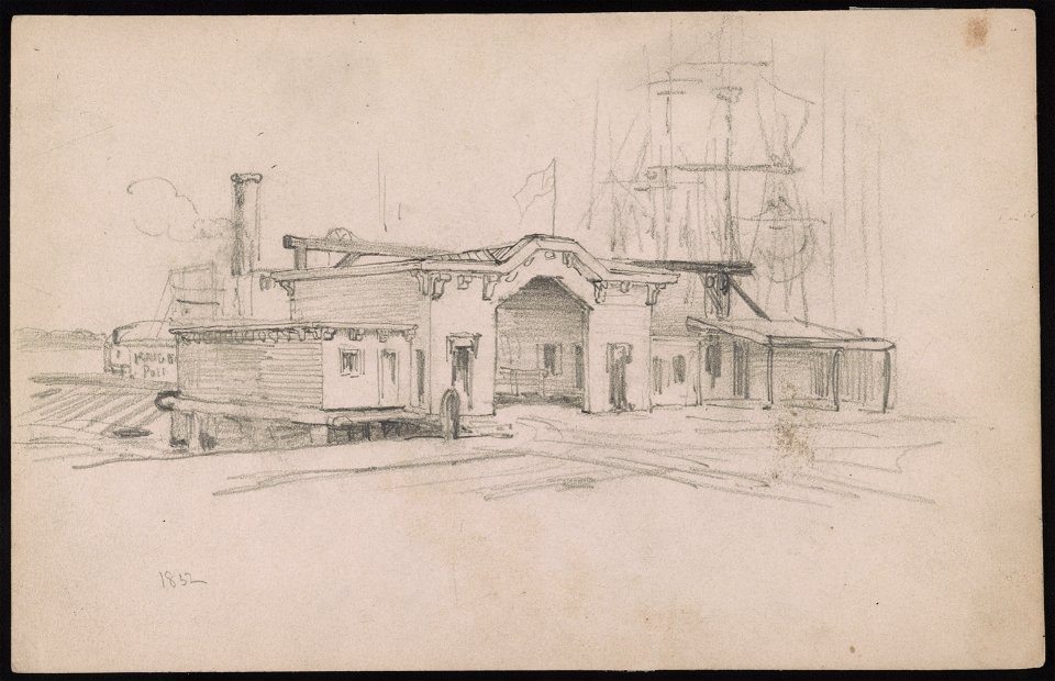 Kaighn Avenue ferry terminal, Camden, New Jersey, of the South Camden Ferry Company, seen from the road looking toward the river, ferry partially visible at left side of the building; also LCCN2016645559