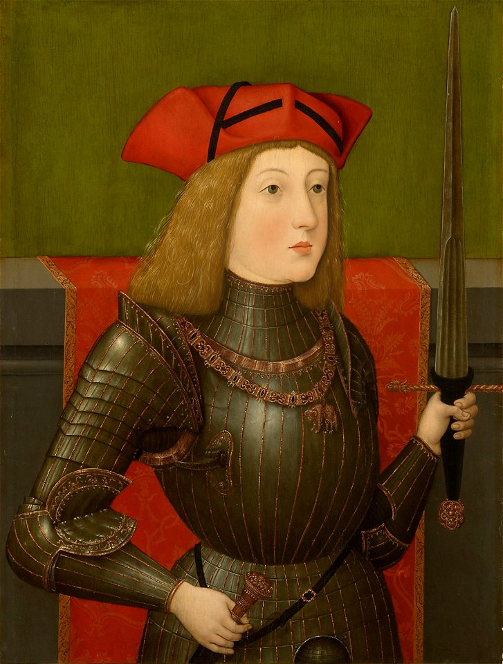 Kaiser Karl V. (1500-1558) im Riefelharnisch mit erhobenem Schwert