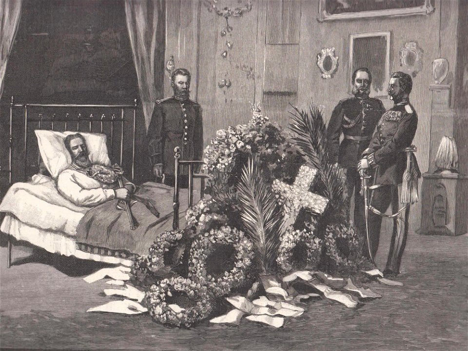 Kaiser Friedrich III auf dem Totenbett in Schloss Friedrichskron (Neues Palais), 1888