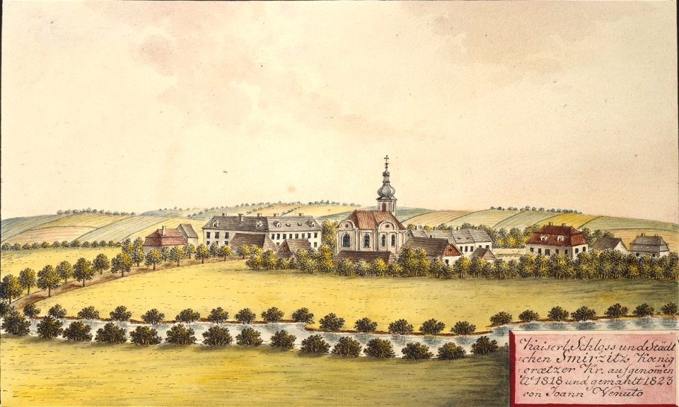 Kaiserl. Schloss und Städtchen Smirzitz Koeniggraetzer Kr. aufgenommen Ao 1818 und gemahlt 1823 von Joann Venuto