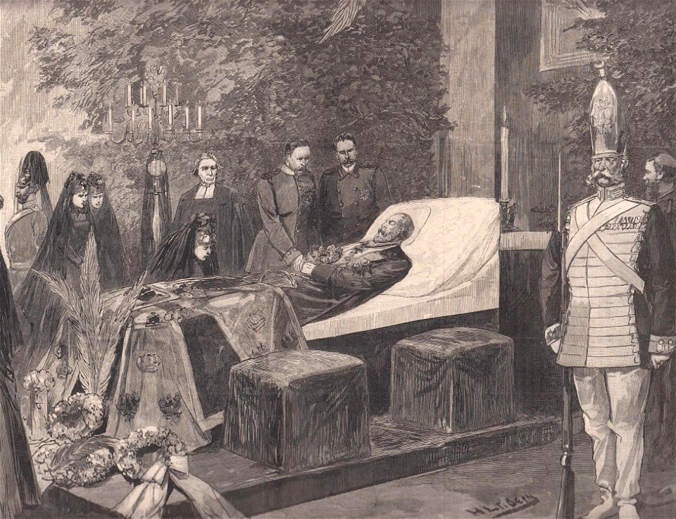 Kaiser Friedrich auf dem Paradebett in der Jaspis-Galerie des Schlosses Friedrichskron, 1888