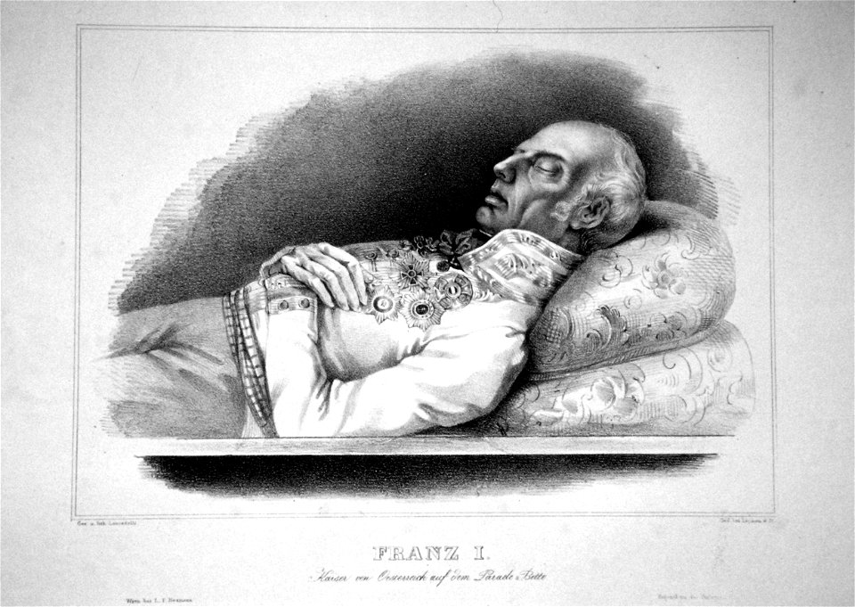 Kaiser Franz I. am Totenbett Litho