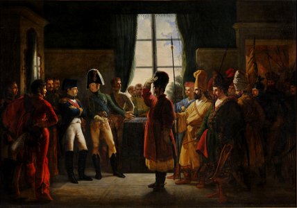 Bergeret - Alexander Ier présente à Napoléon les Kalmoucks, les Cosaques et les Baskirs de l'armée russe (9 juillet 1807)