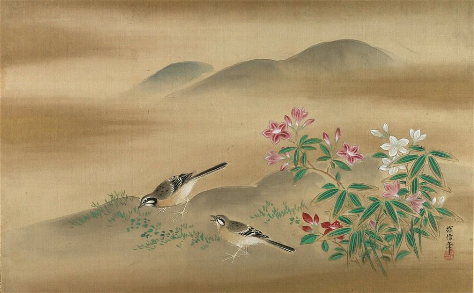 Kano Tanshin - Two Java Sparrows Amid White and Pink Bell Flowers - 1943.56.21.14 - Arthur M. Sackler Museum