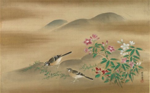Kano Tanshin - Two Java Sparrows Amid White and Pink Bell Flowers - 1943.56.21.14 - Arthur M. Sackler Museum