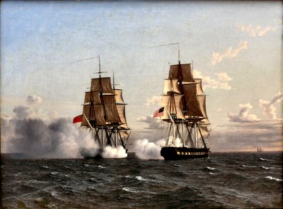 Kamp mellem den engelske fregat Shannon og den amerikanske fregat Chesapeak. Free illustration for personal and commercial use.