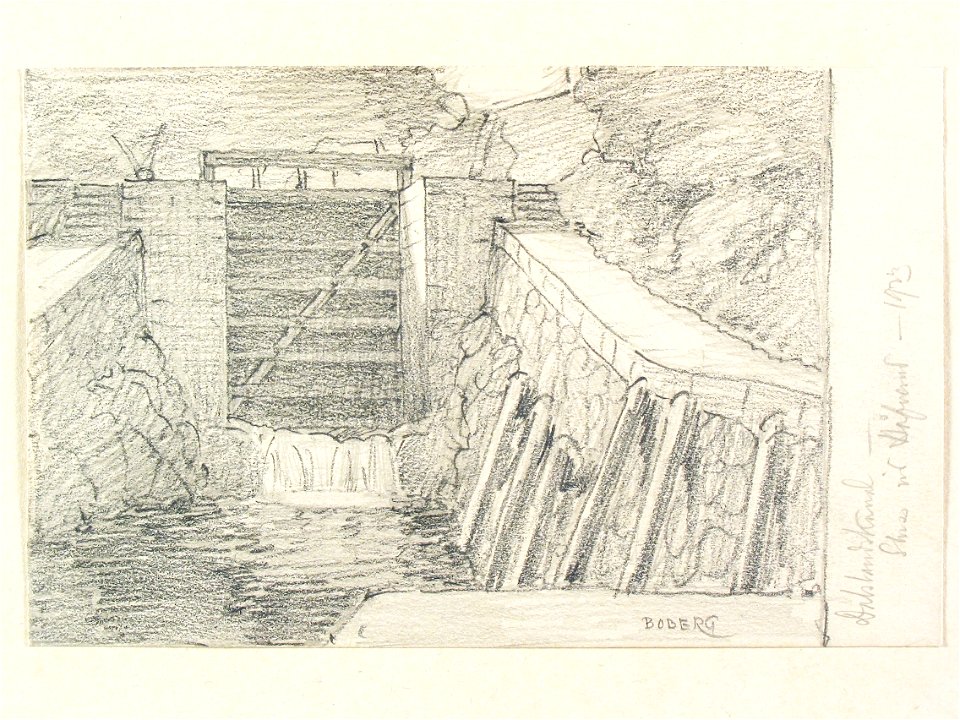 Kanalsluss vid Håverud, Dalsland. Teckning av Ferdinand Boberg - Nordiska museet - NMA.0088035