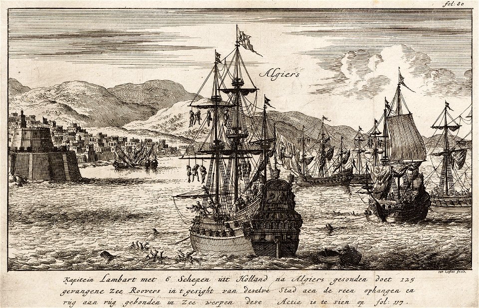 Kapitein Lambart met 6 schepen uit Holland na Algiers gesonden - Dutch captain Lambert throws prisoners into the sea before Algiers (Jan Luyken, 1684)