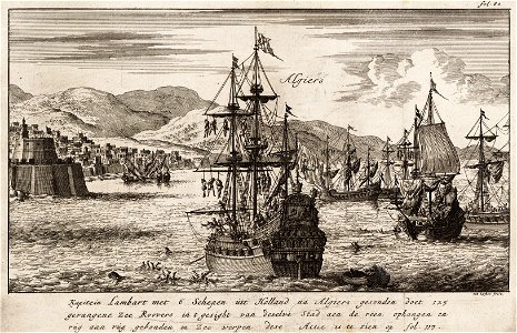 Kapitein Lambart met 6 schepen uit Holland na Algiers gesonden - Dutch captain Lambert throws prisoners into the sea before Algiers (Jan Luyken, 1684). Free illustration for personal and commercial use.
