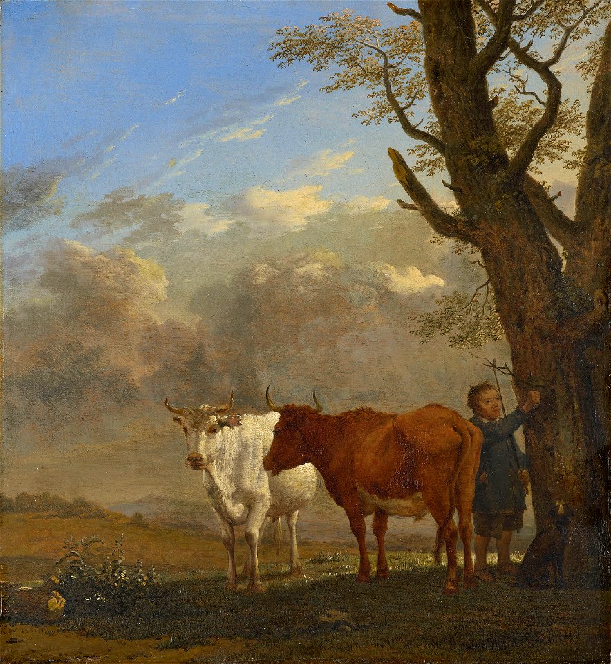 Karel du Jardin (Amsterdam c.1626-Venice 1678) - Two Bullocks with a Boy Cutting a Twig - RCIN 404862 - Royal Collection