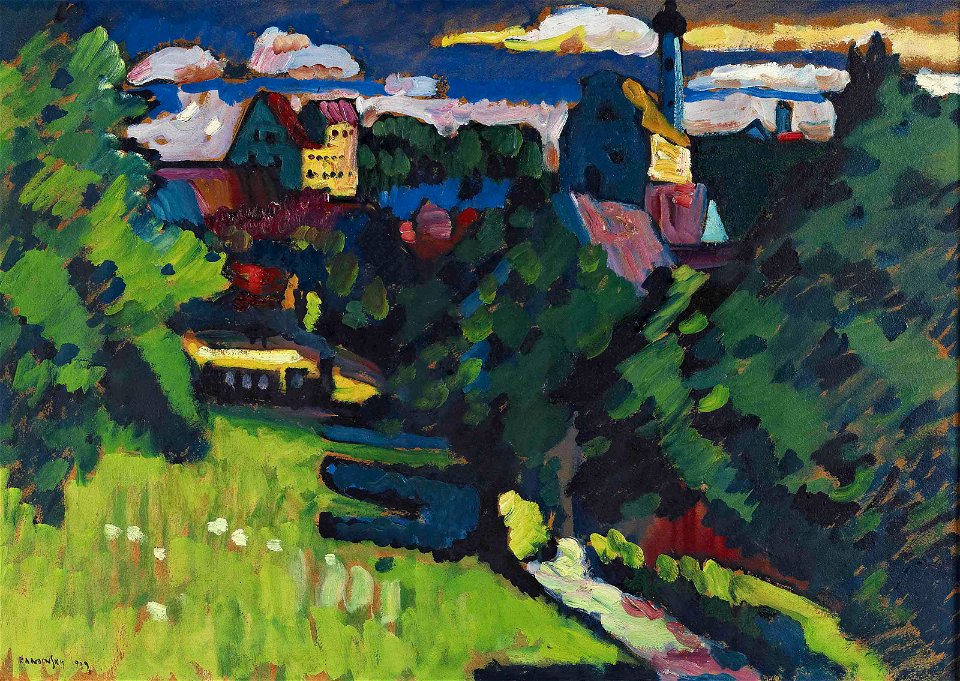 Kandinsky - Murnau - Ansicht mit Burg, Kirche und Eisenbahn, 1909, R301