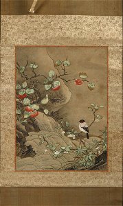Kano Motonobu 狩野 元信 - Bird, Flowers, and Fruit by a Waterfall - y1959-108 - Princeton University Art Museum