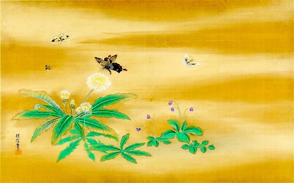 Kano Tanshin - Three Butterflies and a Bee Amid Wild Daisies and Violets - 1943.56.21.13 - Arthur M. Sackler Museum
