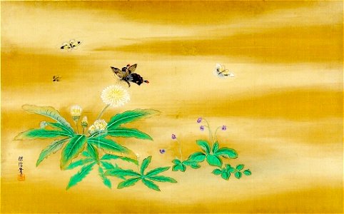 Kano Tanshin - Three Butterflies and a Bee Amid Wild Daisies and Violets - 1943.56.21.13 - Arthur M. Sackler Museum