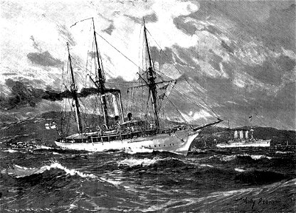 Kanonenboot SMS RESTAURADOR 1903 vor der venezolanischen Küste. im Hintergrund SMS VINETA. Illustration von Willy Stöwer um 1903