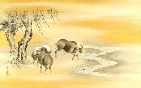 Kano Tanshin - Three Black Buffalo under a Willow Tree by a Stream - 1943.56.21.17 - Harvard Art Museums