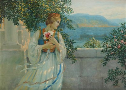 Karel Dohnálek Junge Dame mit Blumenstrauß auf der Terrasse