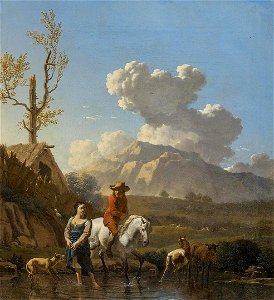 Karel Dujardin - Crossing the Brook. Free illustration for personal and commercial use.