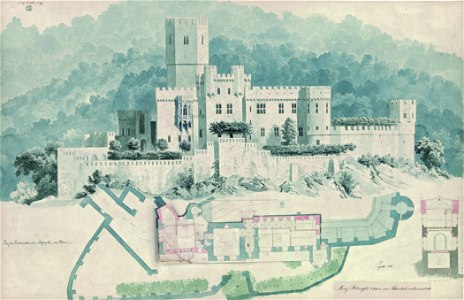 Karl Friedrich Schinkel Entwurf zum Ausbau der Burgruine Stolzenfels, 1836, Feder in Grau und Rot, über Vorzeichnung mit Graphitstift und Zirkel Vergépapier, 64,4 x 102 cm Kupferstichkabinett, Staatliche Museen zu Berlin