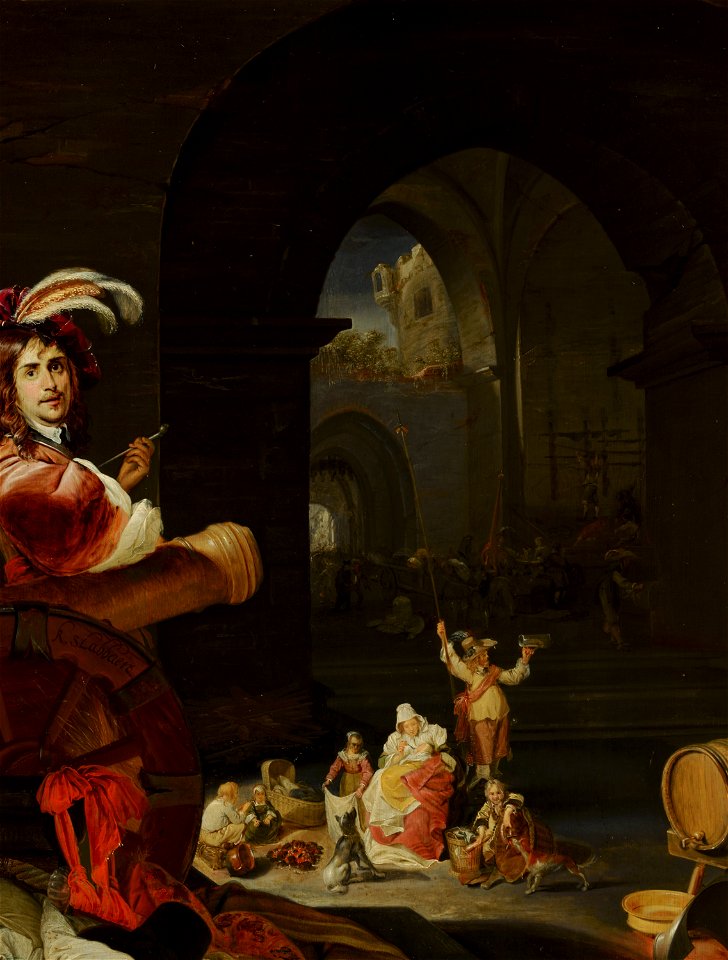 Karel Slabbaert - Soldaten en andere figuren tussen de ruïnes van een kasteel, met een zelfportret van de kunstenaar in de voorgrond - 410 - Mauritshuis
