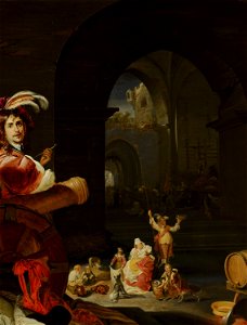 Karel Slabbaert - Soldaten en andere figuren tussen de ruïnes van een kasteel, met een zelfportret van de kunstenaar in de voorgrond - 410 - Mauritshuis