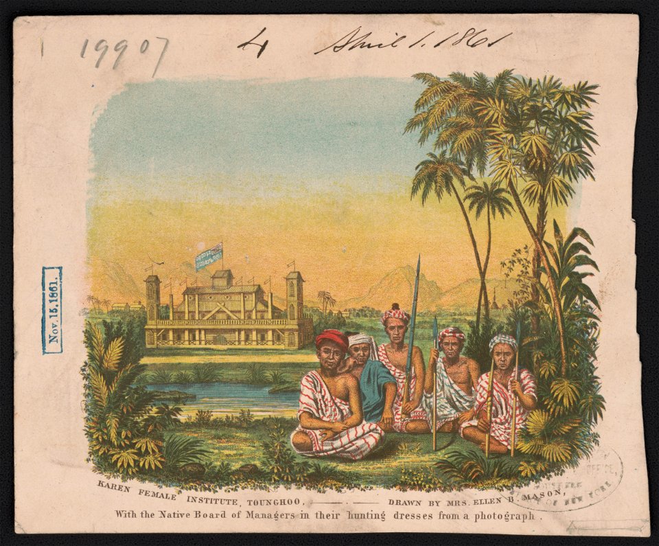 Karen Female Institute, Tounghoo with the native board of managers in their hunting dresses from a photograph - - drawn by Mrs. Ellen B. Mason. LCCN2003671685