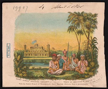Karen Female Institute, Tounghoo with the native board of managers in their hunting dresses from a photograph - - drawn by Mrs. Ellen B. Mason. LCCN2003671685
