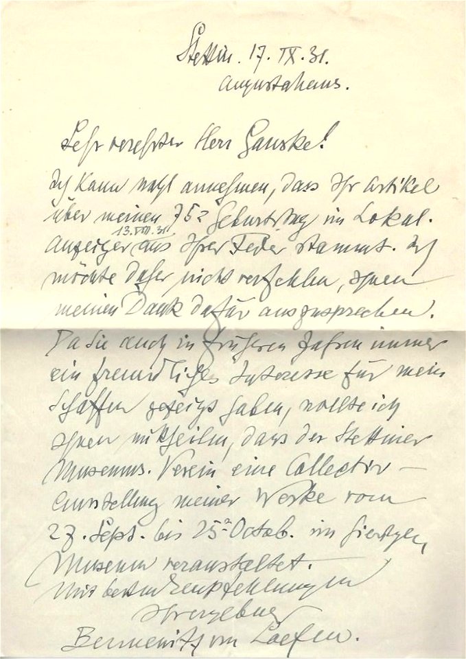 Karl Bennewitz von Loefen der Jüngere - Brief an Willy Ganske, 17. Sept. 1931
