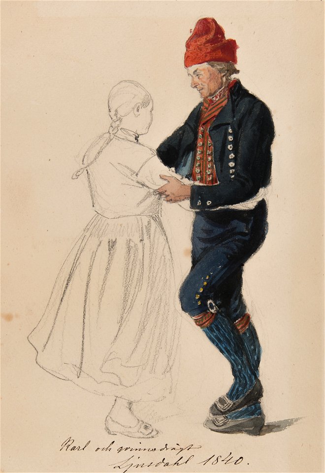 Karl och qvinnodrägt, Ljusdahl 1840 Blyerstskissad kivnna och akvarellerad man som dansar - Nordiska museet - NMA.0070075 (1)