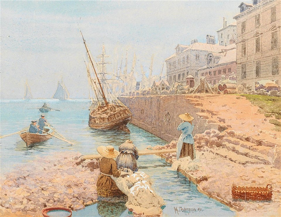 Karl Eduard Hefftler Hafen Segelschiffe und Wäscherinnen in Südfrankreich