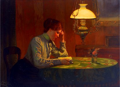 Karl Müller Lesende junge Frau beim Licht der Petroleumlampe
