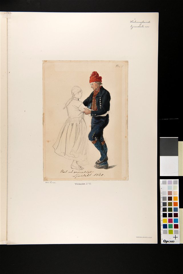 Karl och qvinnodrägt, Ljusdahl 1840 Blyerstskissad kivnna och akvarellerad man som dansar - Nordiska museet - NMA.0070075 (2)