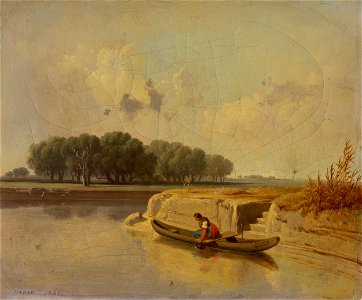 Karol Marko ml. - Landscape with a River and a Boat in the Foreground - O 1249 - Slovak National Gallery. Free illustration for personal and commercial use.
