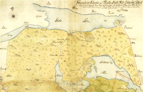 Karta över Nacka gård med Källtorpssjön 1698 och 1723