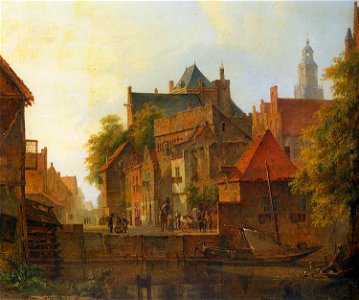 Kasparus Karsen - Ansicht einer Stadt mit Hufschmied bei der Arbeit am Kai