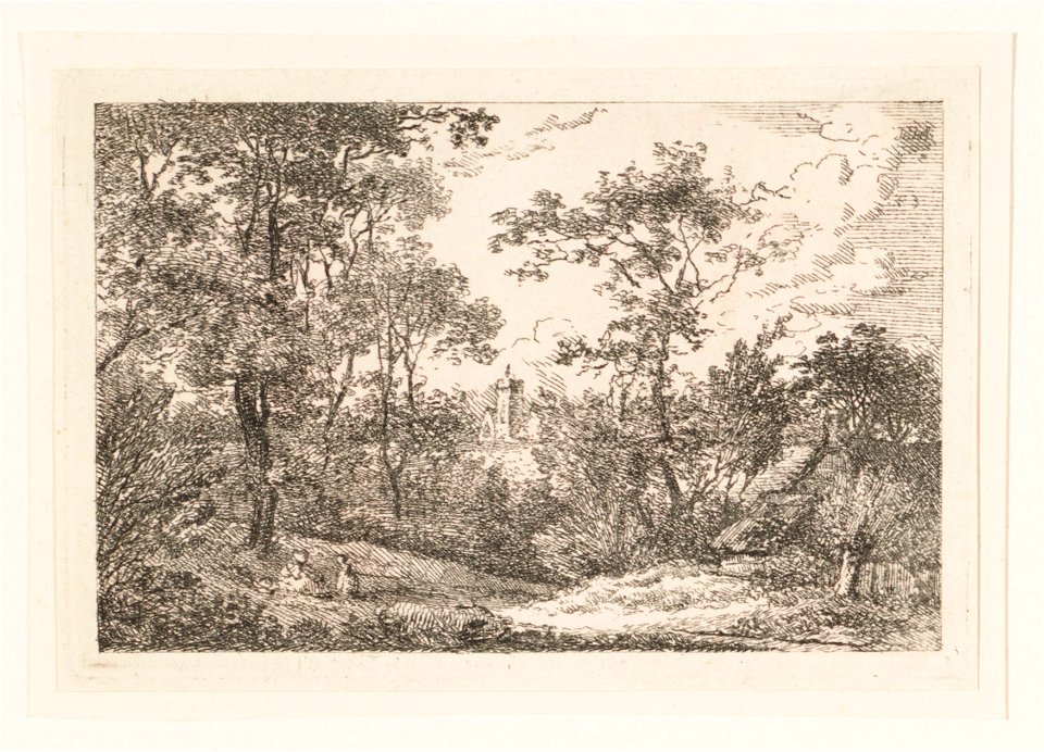 Kasteel te zien door de bomen, op de voorgrond zit een paartje, objectnr A 14275