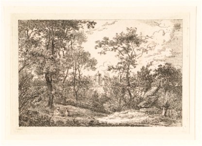 Kasteel te zien door de bomen, op de voorgrond zit een paartje, objectnr A 14275